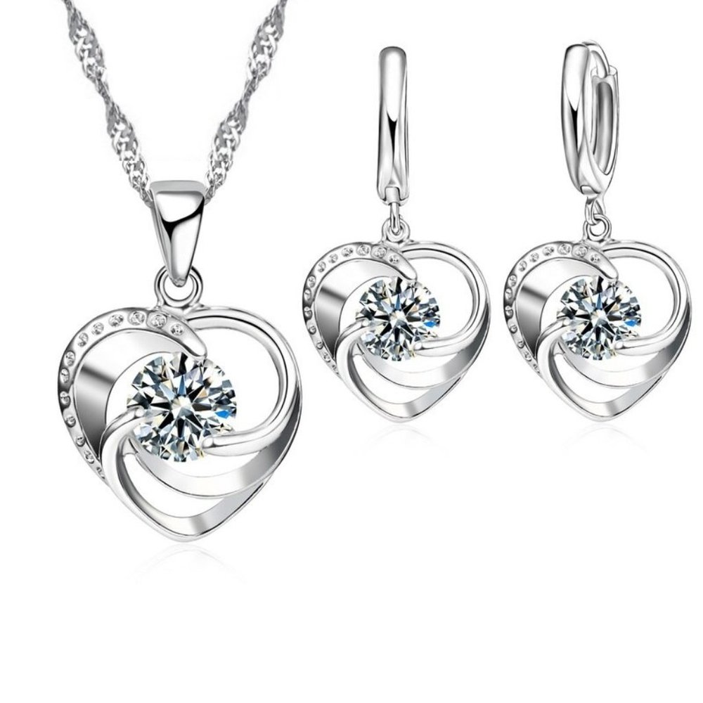 🌟 925 Sterling Silver Necklace And Earrings Set Heart Love Gift - Picture 1 of 3